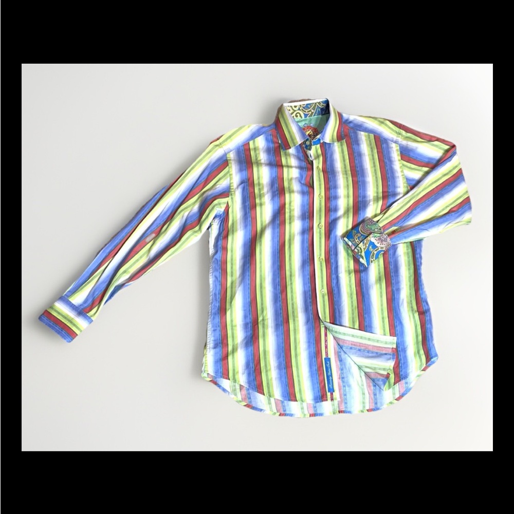 Robert Graham Multicolor Stripe Shirt Flip Cuff Button Down Mens Medium